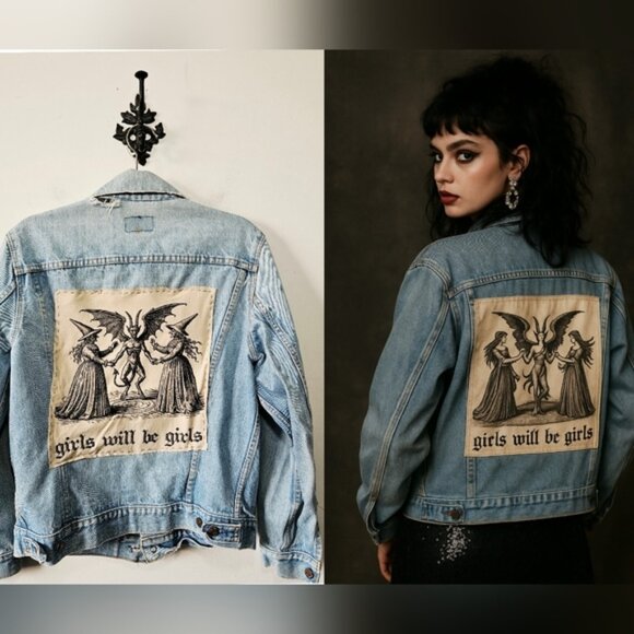 Levi's Jackets & Blazers - Vintage Levis Upcycled Patch Jean Jacket Size M Girls Will Be Girls Grunge Goth